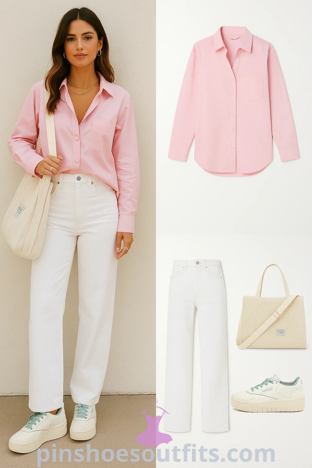A relaxed fit outfit featuring a pink button-up shirt, white straight-leg jeans, and mint sneakers, complemented by a cream tote bag, perfect for casual outings or travel. A blend of trendy and chic styles available on pinshoesoutfits.com.
