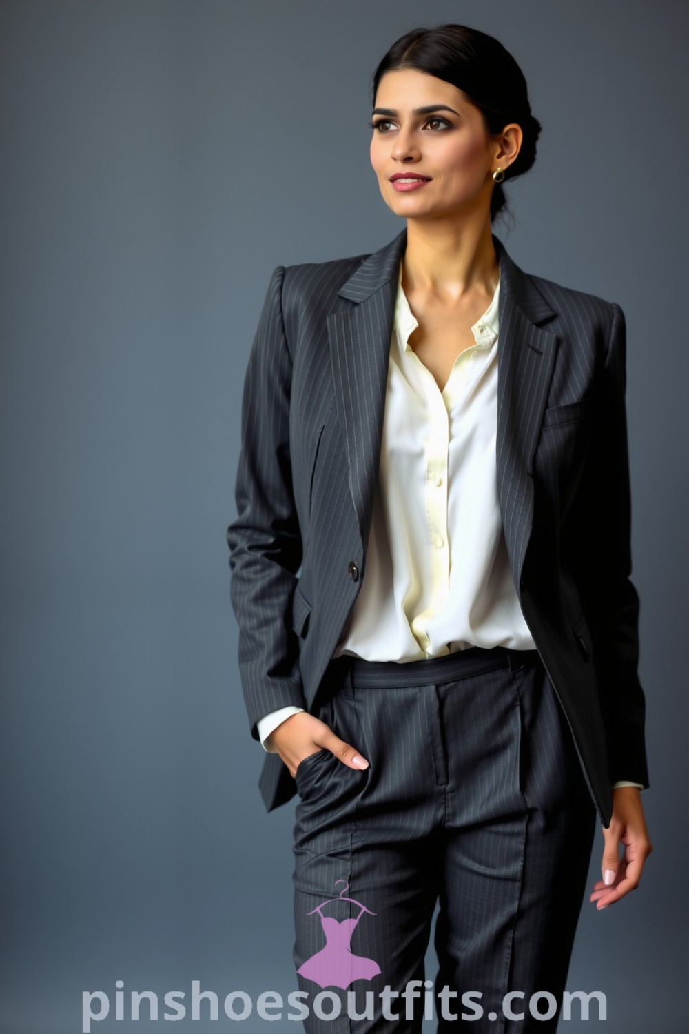 Chic workwear outfit featuring a tailored charcoal suit with pinstripes, a white silk blouse, black pumps, and minimal jewelry. This look showcases stylish professionalism and elegance. pinshoesoutfits.com