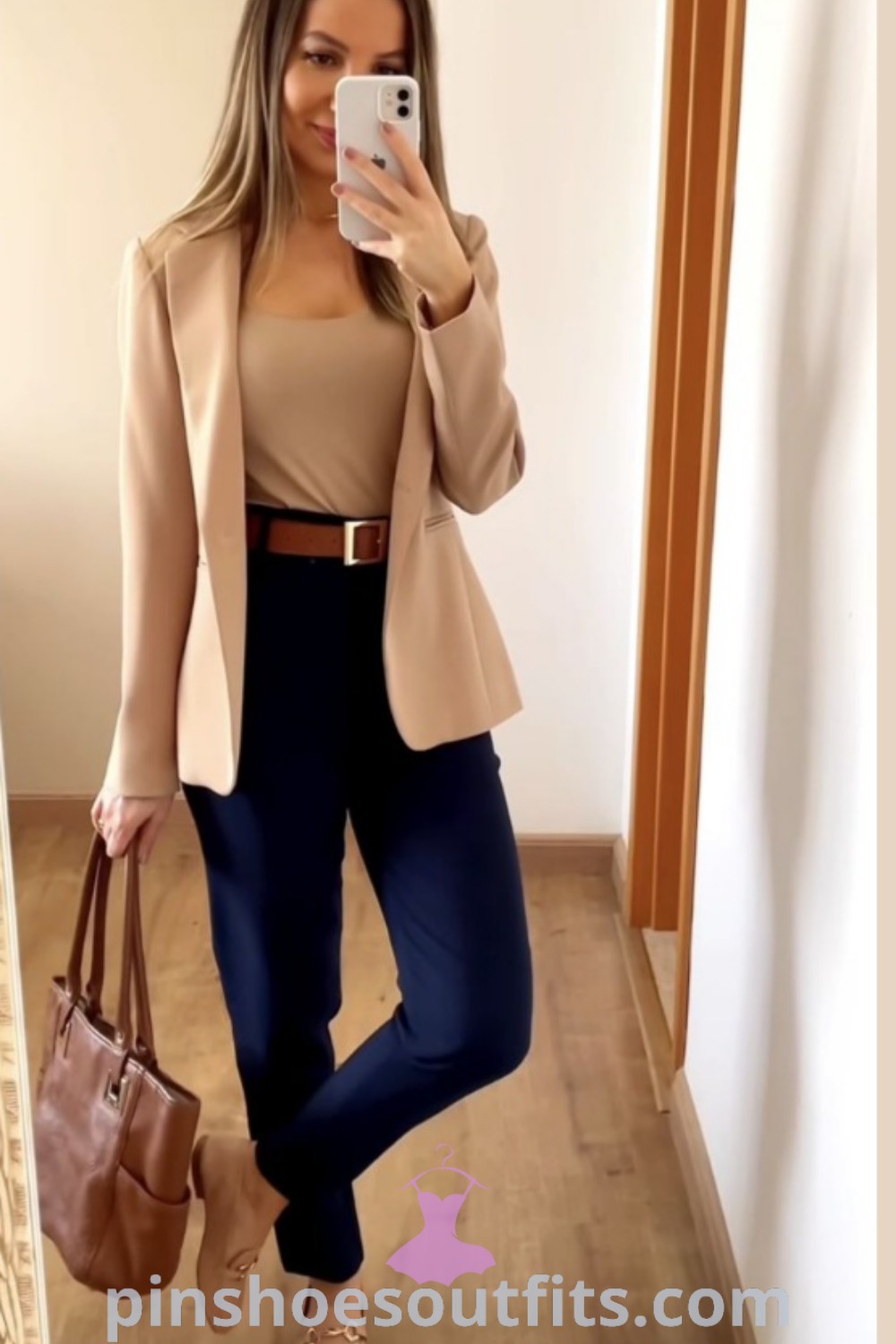 Chic spring office outfits featuring casual work outfits for women, cute professional attire, and fashionable work styles. Perfect for interviews and everyday elegance. Discover more outfit ideas and inspiration at pinshoesoutfits.com