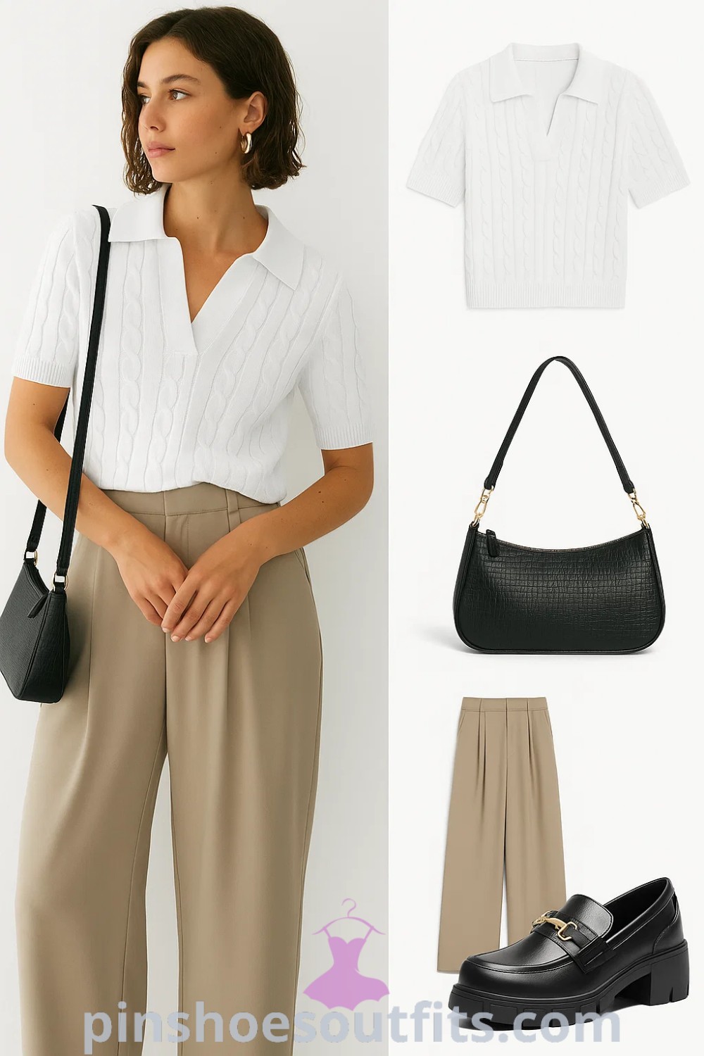 White short-sleeve polo, tailored beige wide-leg trousers, black chunky loafers, structured black handbag, elegant smart casual outfit suitable for office and brunch, trendy and sophisticated look for daily errands and interviews, visit pinshoesoutfits.com for more ideas.