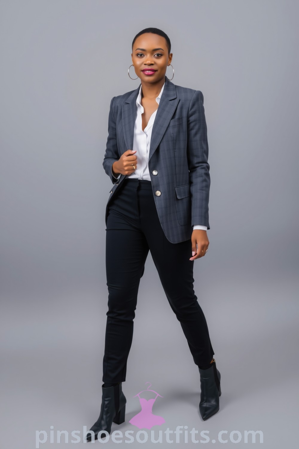 Chic professional workwear outfit with a tailored slate gray blazer, crisp white blouse, high-waisted black trousers, delicate silver jewelry, and sleek ankle boots. Perfect for looking classy and elegant. pinshoesoutfits.com