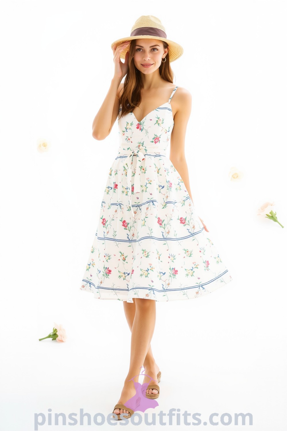Floral sundress with fitted bodice and swaying skirt, complemented by espadrilles and a woven straw hat. An inspiring outfit idea for chic, classy, and elegant looks this season. pinshoesoutfits.com