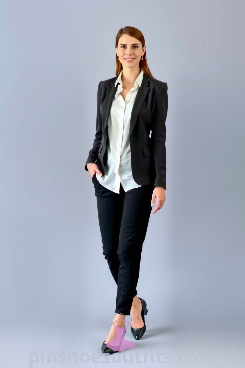 A confident professional woman in a tailored charcoal blazer, crisp white blouse, structured black trousers, and pointed-toe flats, complemented by gold earrings. A perfect example of stylish outfits to inspire your look this season. pinshoesoutfits.com