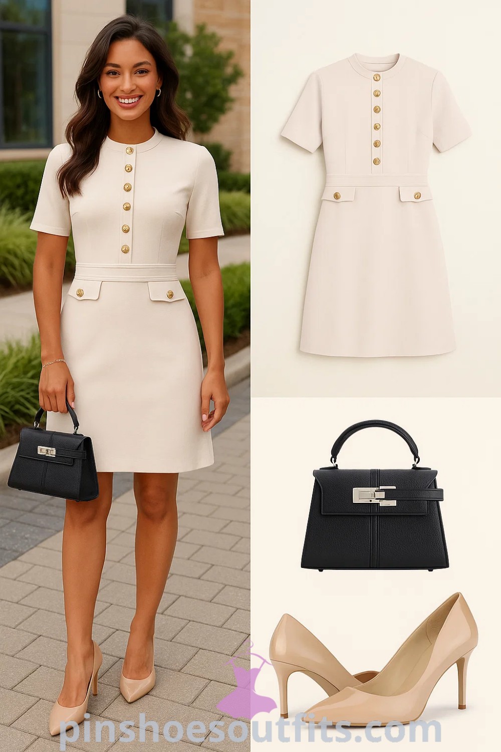 Cream structured dress, nude high heels, and a black handbag create an elegant classic business attire perfect for office use, business meetings, and formal events. This sophisticated outfit showcases tailored fit and A-line silhouette, ideal for professional clothing ideas found on pinshoesoutfits.com.