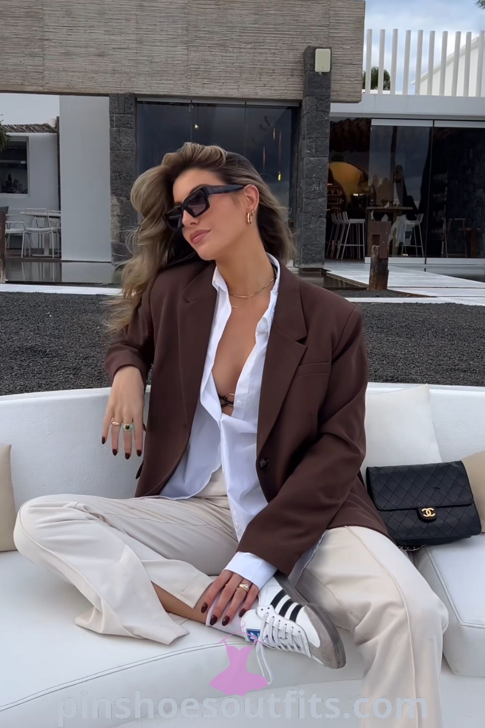 Hippie chic outfit inspired by 00s fashion featuring Adidas Samba shoes and stylish elements for a comfortable yet elegant look. Perfect for festivals and business casual occasions. Explore more outfit ideas at pinshoesoutfits.com.