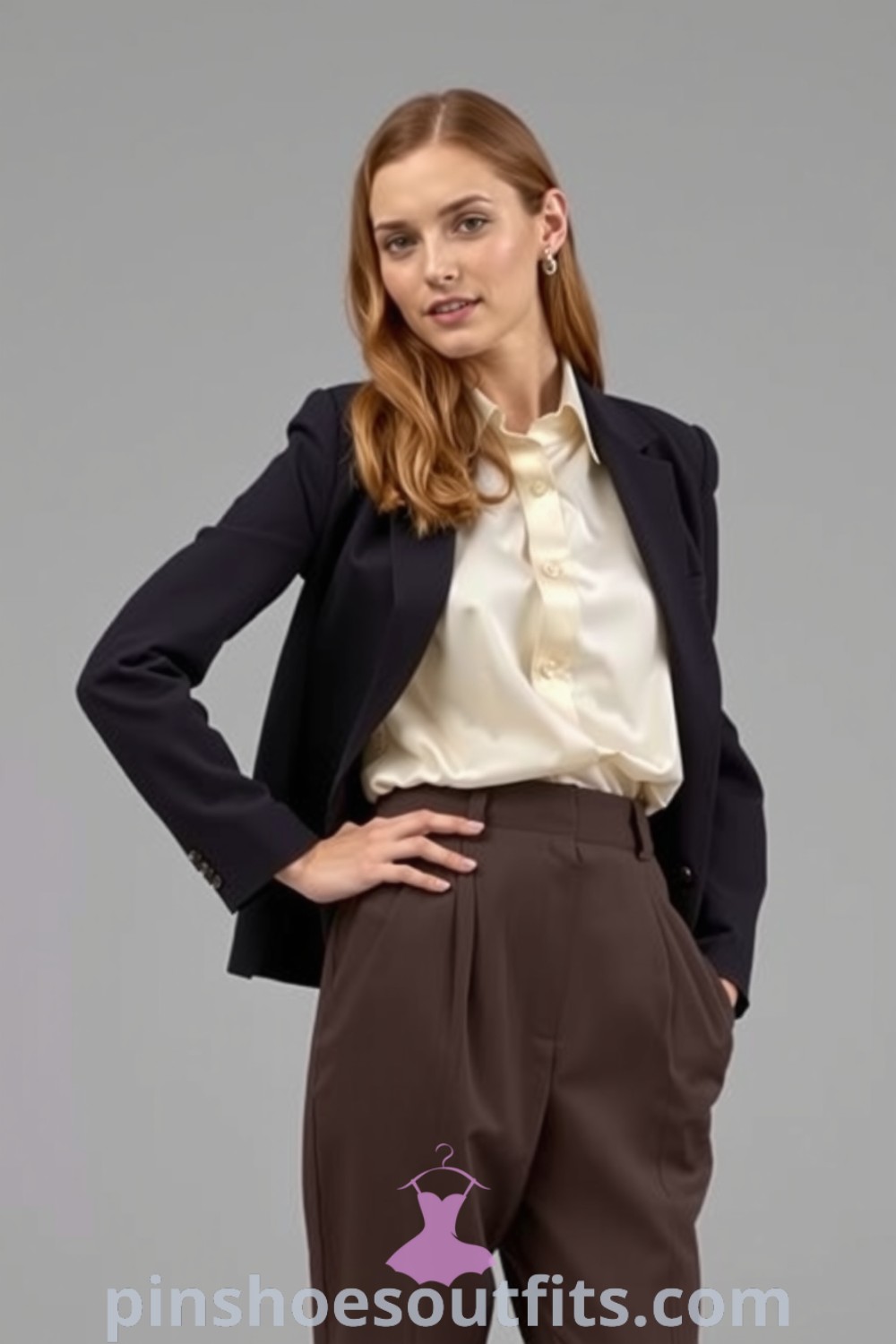Elegant workwear outfit featuring tailored high-waisted trousers in deep charcoal, a fitted ivory satin blouse, and a structured blazer, ideal for office wear. pinshoesoutfits.com