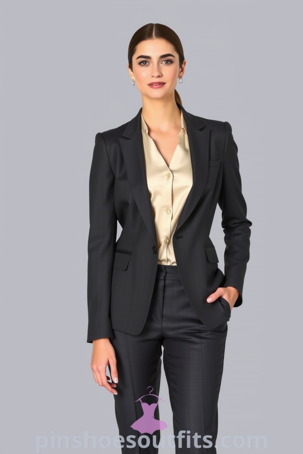 A professional woman wearing a tailored charcoal suit with a fitted blazer, tapered trousers, and a cream silk blouse. Stylish accessories include stud earrings and sleek pumps. Perfect for creating elegant and chic outfits for modern women. pinshoesoutfits.com