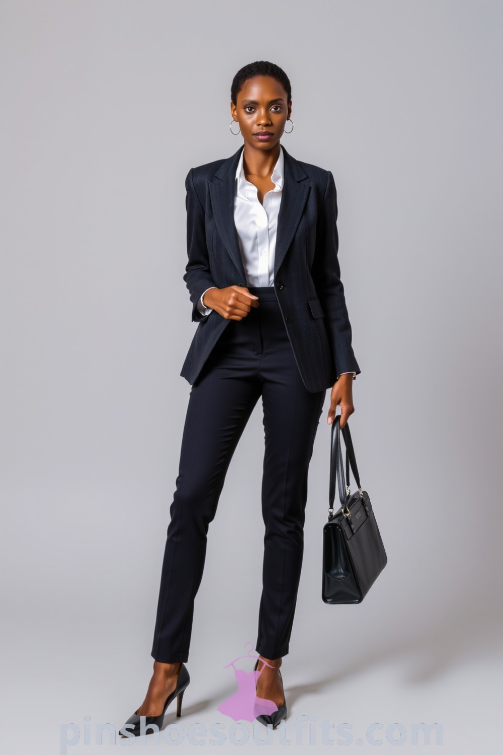 Professional woman in a tailored charcoal blazer and high-waisted trousers, paired with a white silk blouse and stylish pumps. A sophisticated outfit exuding elegance and confidence, ideal for the boardroom. pinshoesoutfits.com
