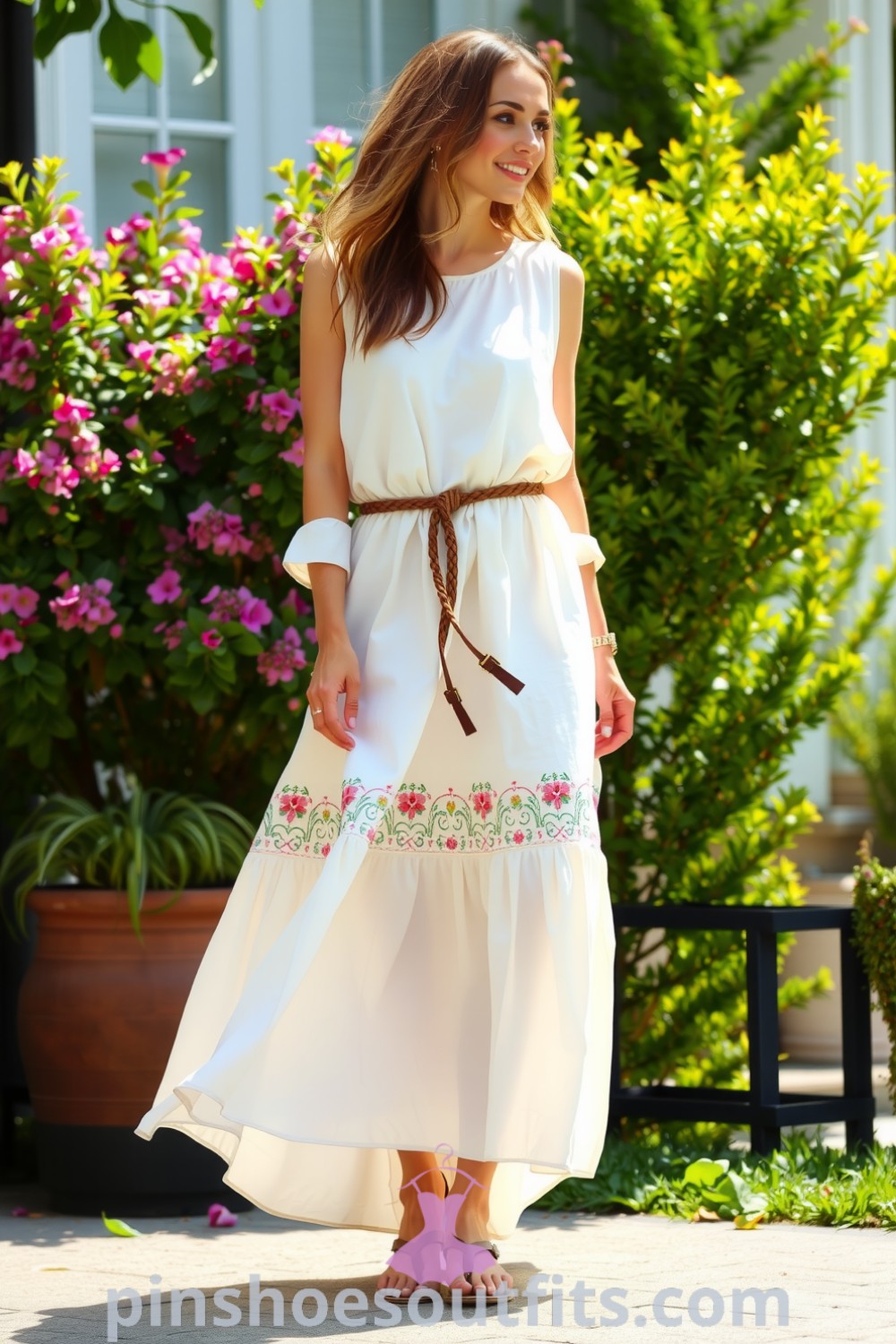 Elegant woman in a flowing cotton maxi dress with floral embroidery, cinched at the waist with a braided leather belt, styled with strappy sandals and a light cardigan. Perfect summer outfit inspiration from pinshoesoutfits.com.