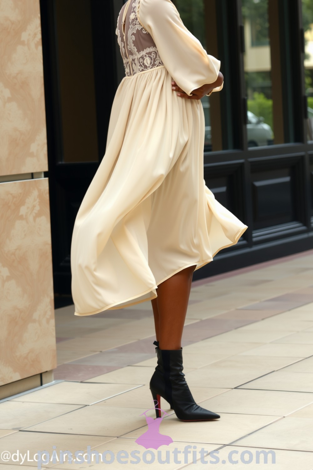 Elegant cream chiffon dress with lace accents, paired with structured ankle boots, embodying modern sophistication and perfect for outdoor gatherings. pinshoesoutfits.com