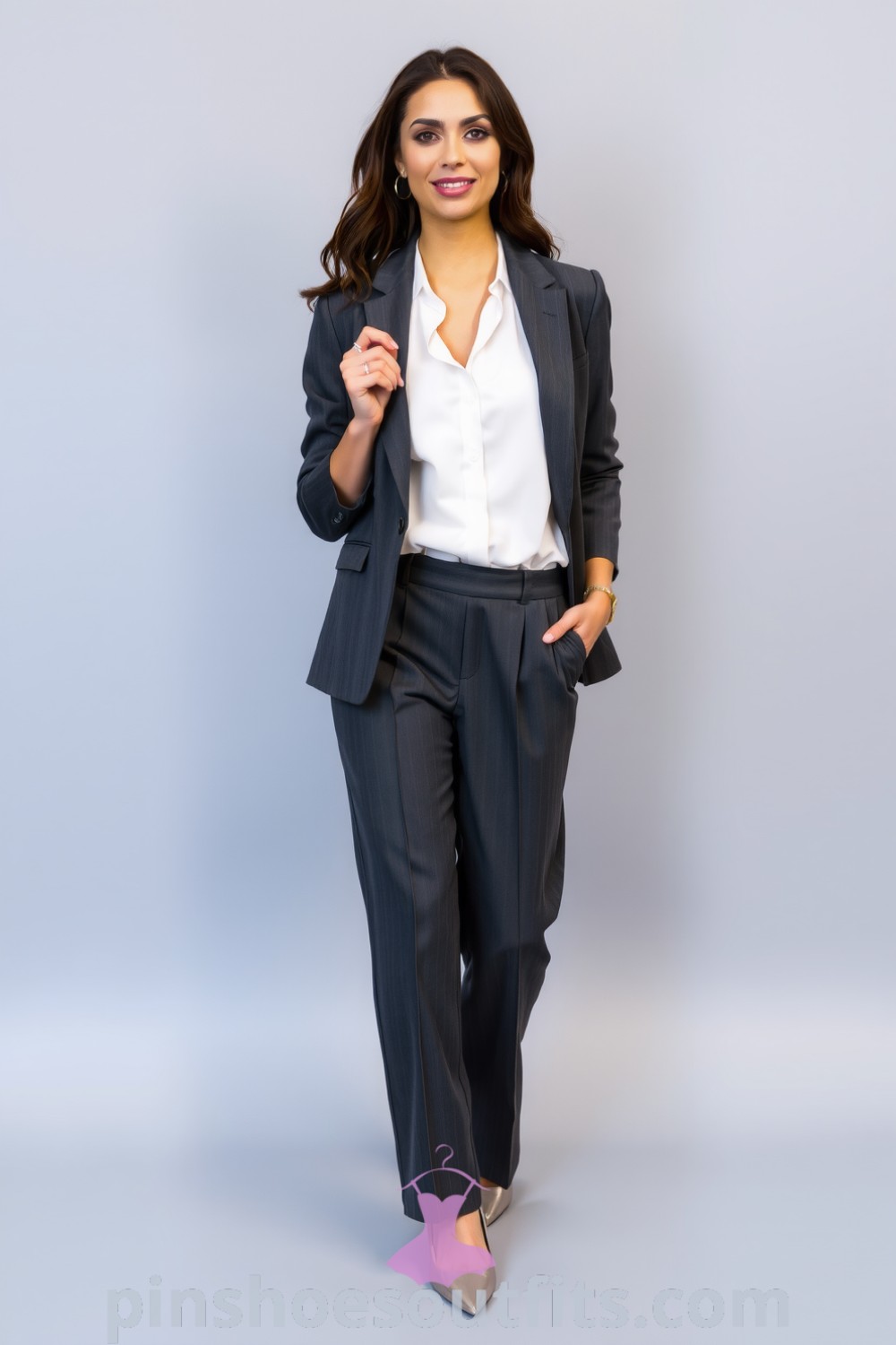 Stylish professional outfit featuring a tailored charcoal blazer, white blouse, wide-legged trousers, silver accessories, and pointed-toe heels. A perfect example of outfits to inspire your look this season. pinshoesoutfits.com