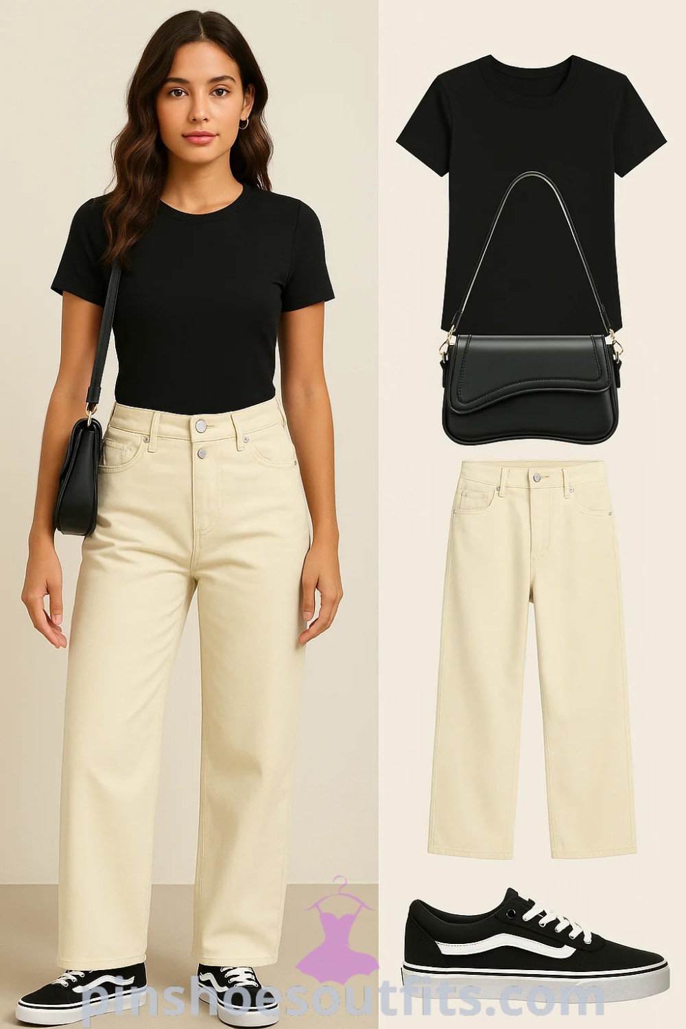 A black basic t-shirt, beige wide-leg jeans, classic black and white sneakers, and a structured black handbag create a trendy and casual outfit perfect for everyday wear, suitable for brunch or errands, presented on pinshoesoutfits.com.