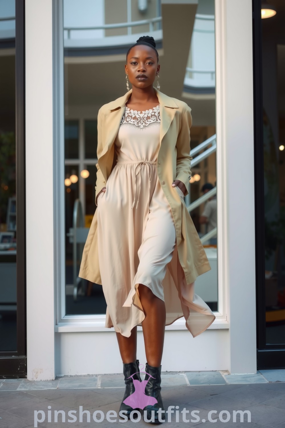 Chic and elegant outfit featuring a Black woman in a flowing chiffon midi dress with lace details and a light trench coat, paired with sleek ankle boots. A perfect look for casual and upscale occasions. pinshoesoutfits.com
