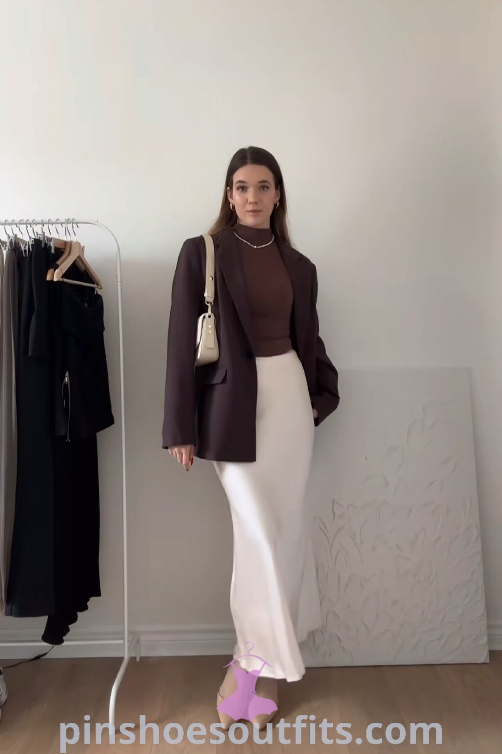 Stylish semi formal outfit featuring a skirt and blazer, perfect for women