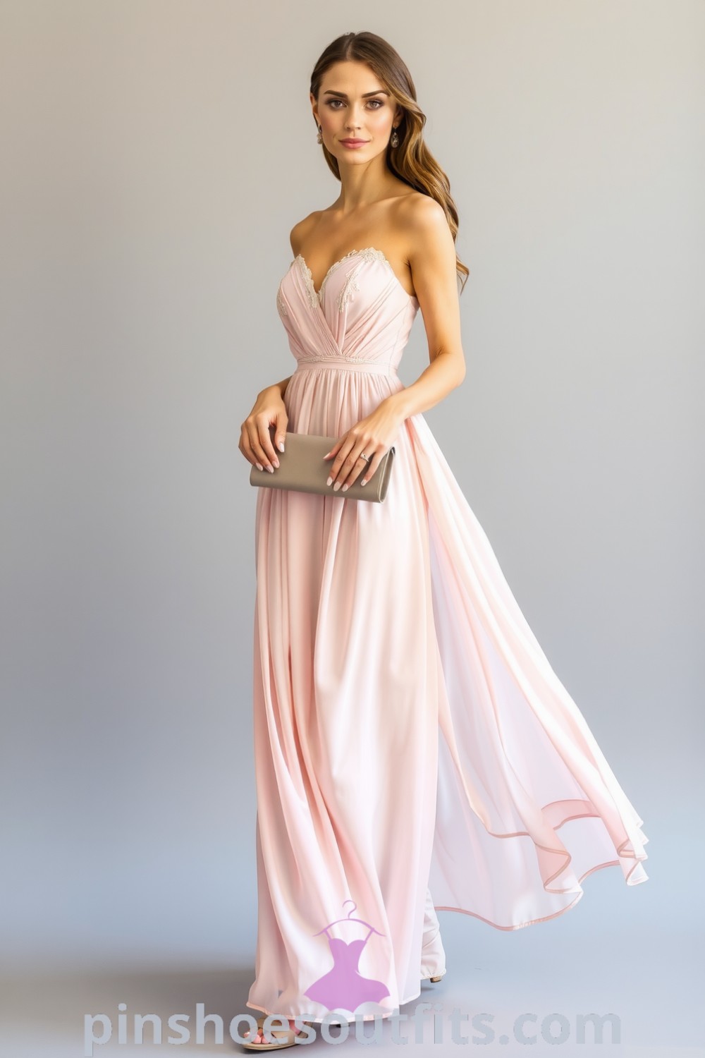 Elegant blush pink chiffon dress with lace accents and soft pleating, perfect for romantic evenings. Outfits to inspire your look this season. pinshoesoutfits.com