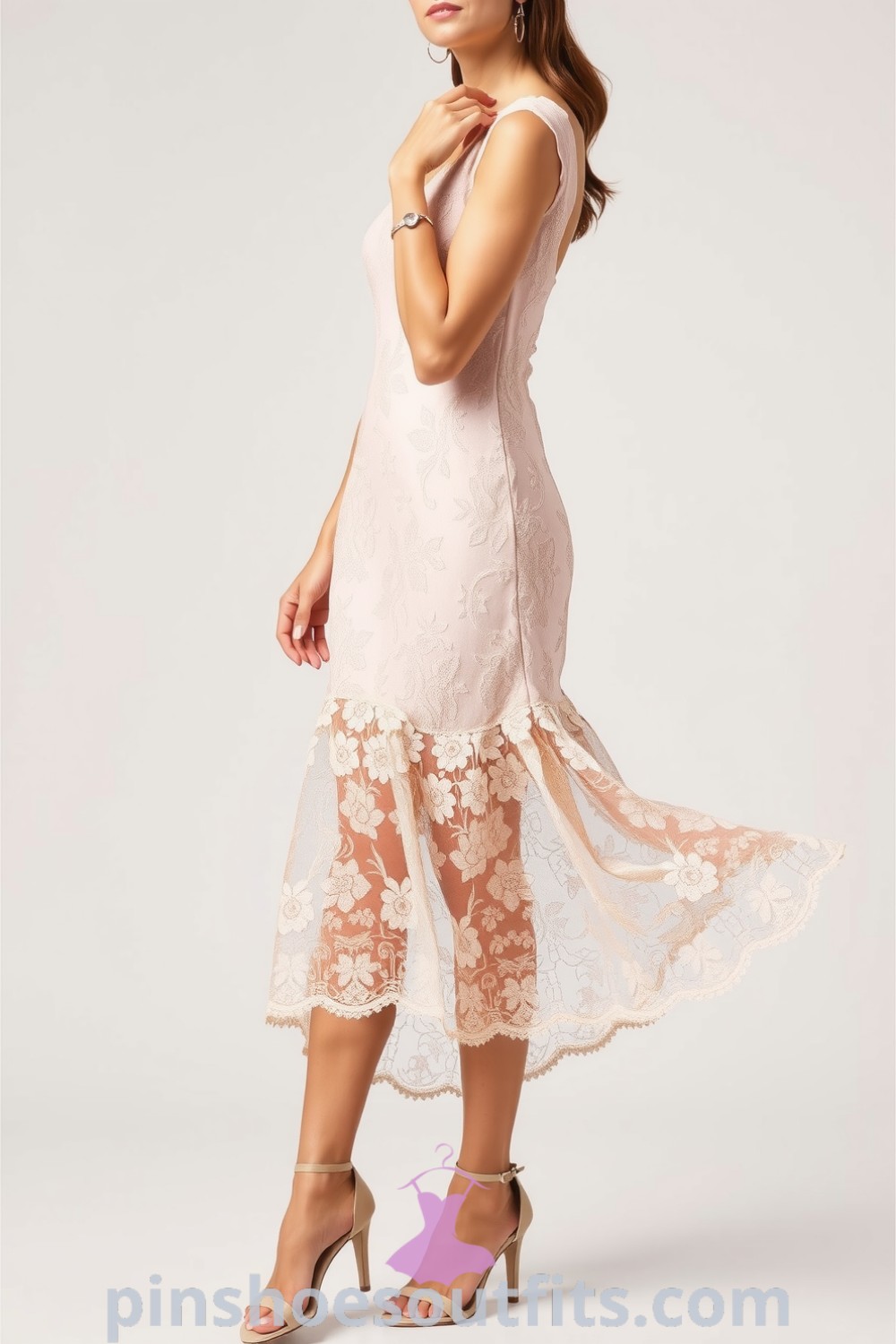 Elegant lace midi dress in blush with floral patterns, ideal for date night. A flowing skirt adds romance, styled with strappy heels. Discover stylish outfit ideas to look chic and elegant at pinshoesoutfits.com.