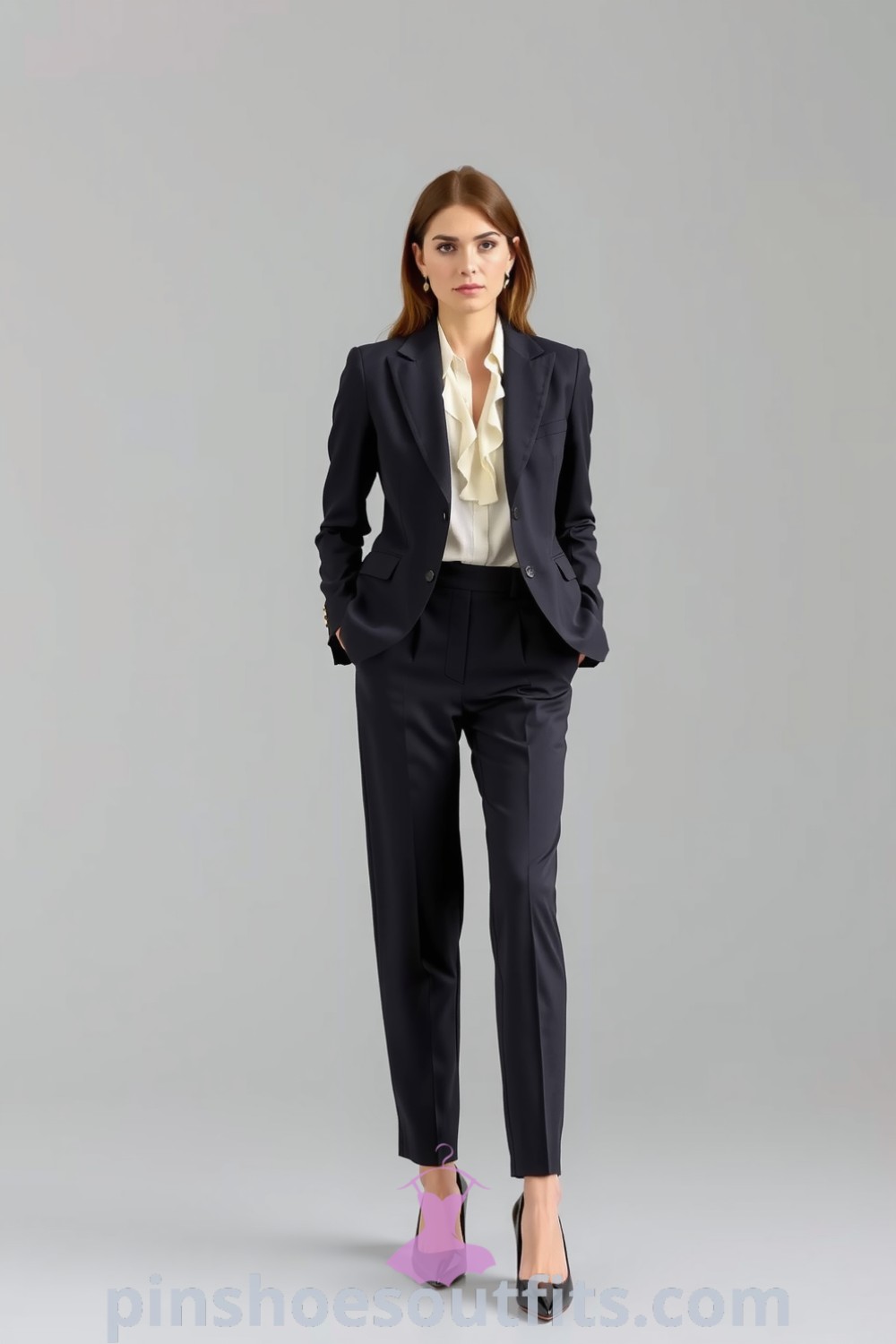 Sophisticated workwear outfit showcasing a tailored blazer, high-waisted trousers, and a silk blouse with ruffles. Ideal for professional settings with elegance and style. pinshoesoutfits.com