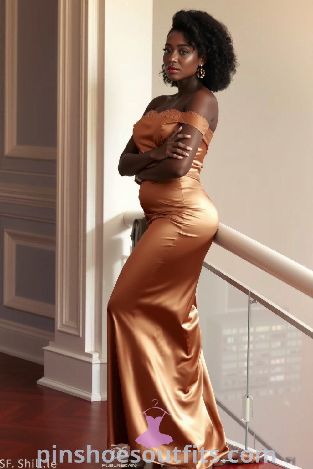 Elegant black woman in a form-fitting off-the-shoulder mermaid dress made of luxurious satin, featuring lace detailing and a subtle train, embodying timeless beauty and confidence. pinshoesoutfits.com