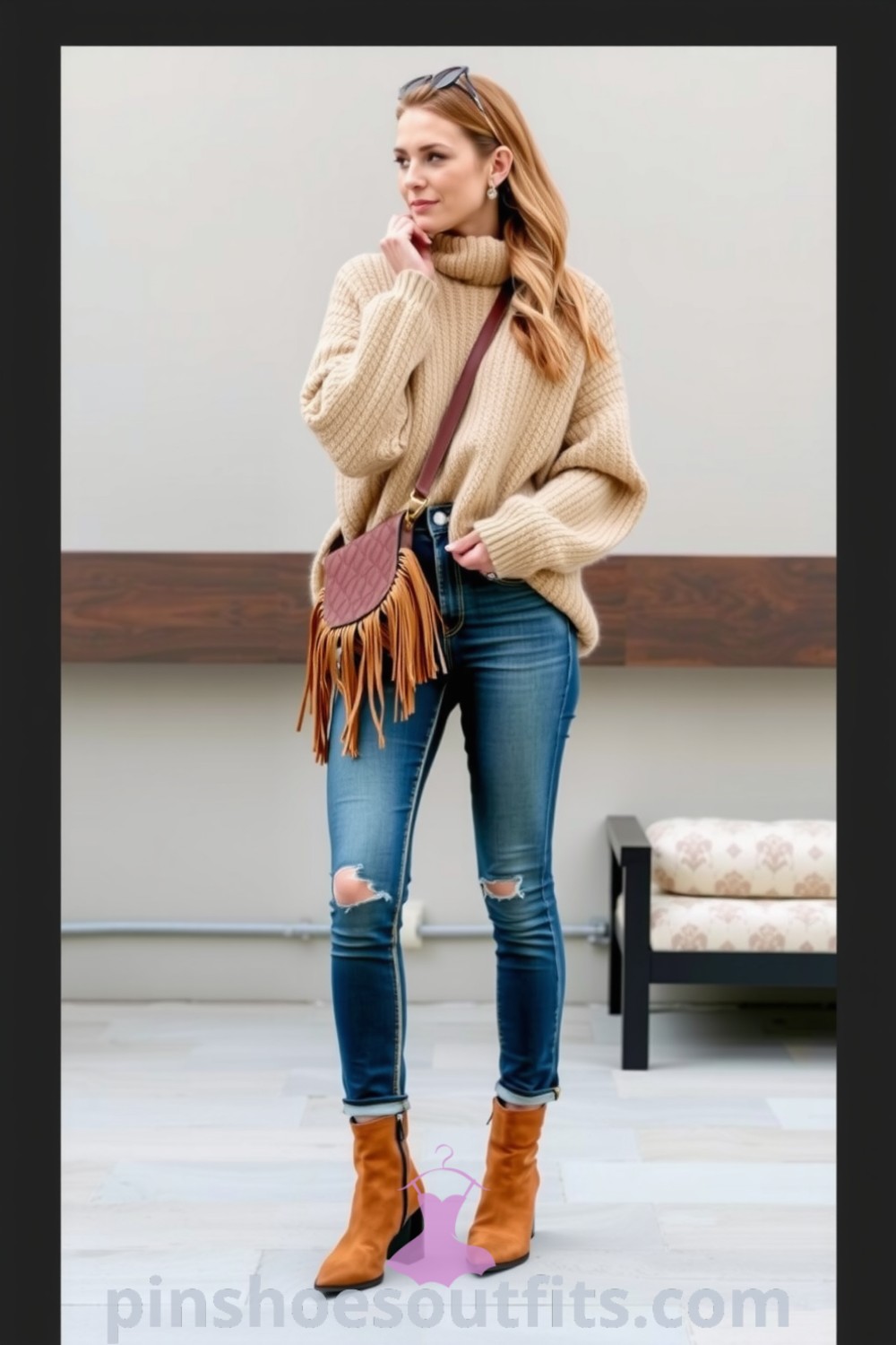 A woman wearing a soft oversized knit sweater, high-waisted denim jeans, ankle boots, and a fringed crossbody bag, showcasing a relaxed yet sophisticated style. pinshoesoutfits.com
