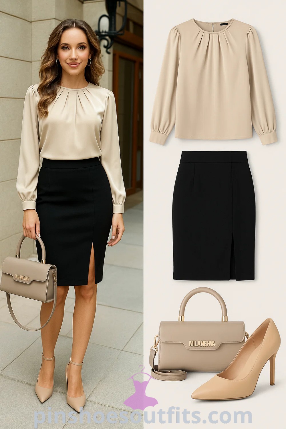fitted black skirt and beige blouse with pleated detail paired with nude high heels, perfect for smart casual outfits or women