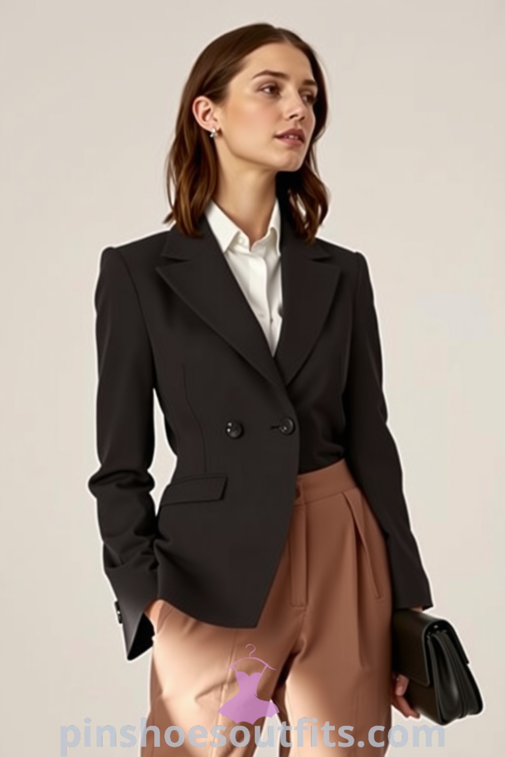 Elegant office outfit featuring a tailored charcoal blazer, high-waisted wide-leg trousers, and a fitted white blouse. Stylish and sophisticated look ideal for work. pinshoesoutfits.com