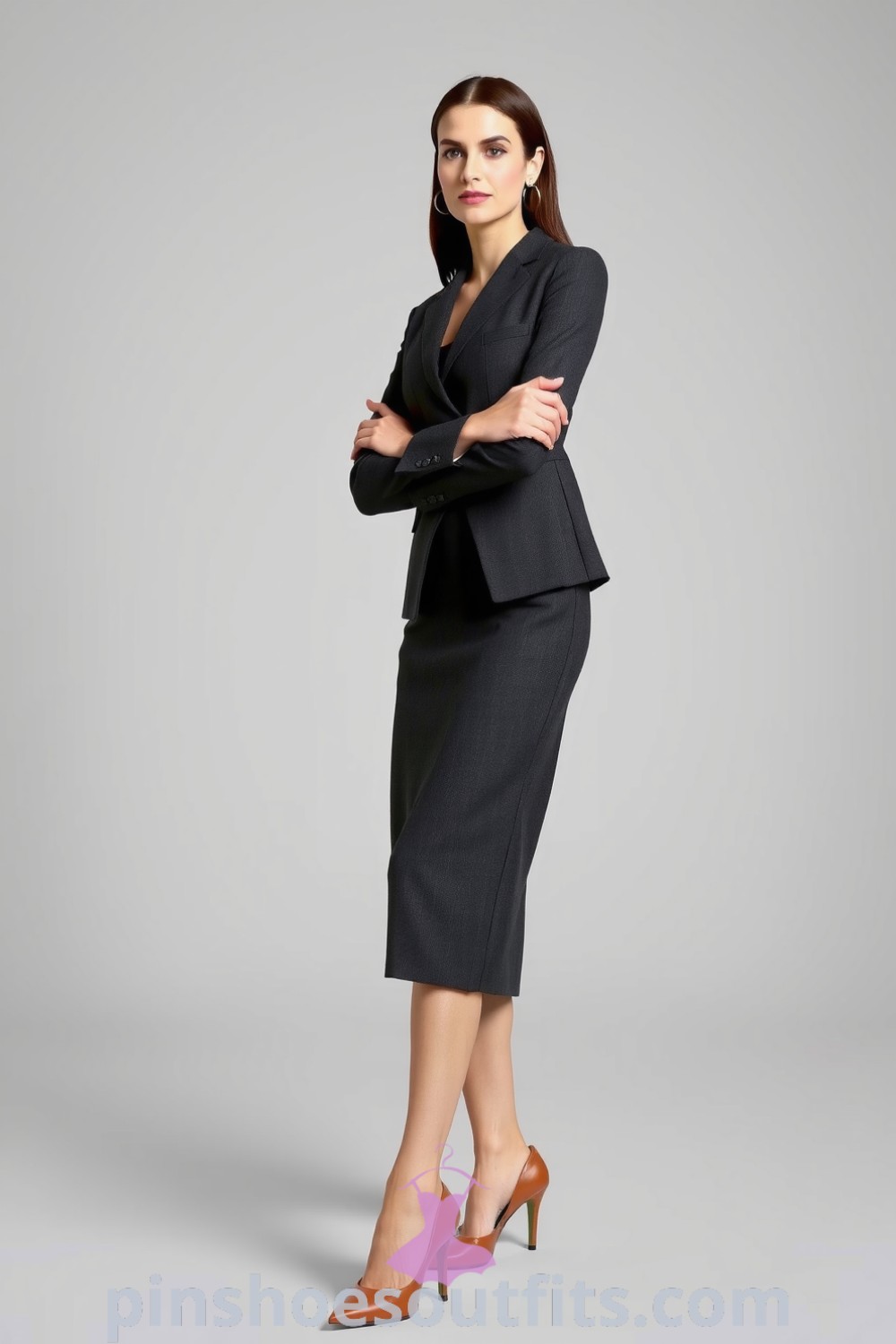 Elegant charcoal sheath dress and structured blazer form a sophisticated workwear look, paired with pointed-toe pumps. A perfect example of elegant and expensive-looking outfits for every woman to try. pinshoesoutfits.com