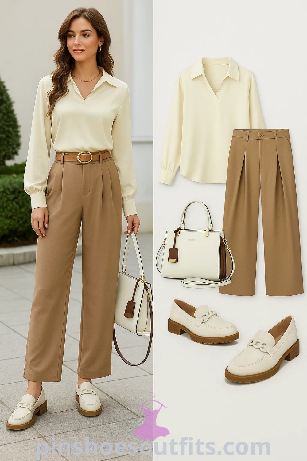 Stylish light cream blouse, tan high-waisted trousers, white chunky-heeled loafers, and a structured white and brown handbag create an elegant classic outfit ideal for office settings and casual outings. Explore more at pinshoesoutfits.com.