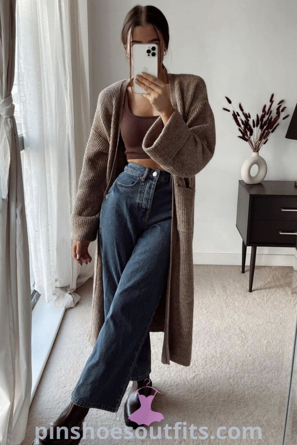 Chic heeled boot outfit for winter featuring casual jeans and an orange scarf, designed for comfortable cold day outings. This stylish look combines elements of the Zen aesthetic and highwater pants, presenting outfit ideas you can copy right now. Discover more fashion inspo at pinshoesoutfits.com.