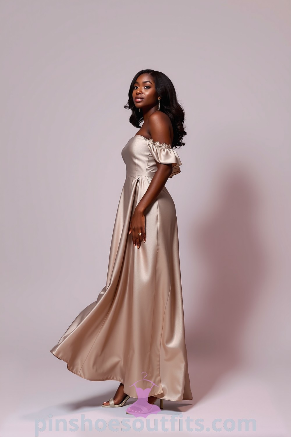 Elegant Black woman in a flowing off-the-shoulder satin gown with lace trim, ready for a date night. A stylish outfit perfect for any special occasion. pinshoesoutfits.com