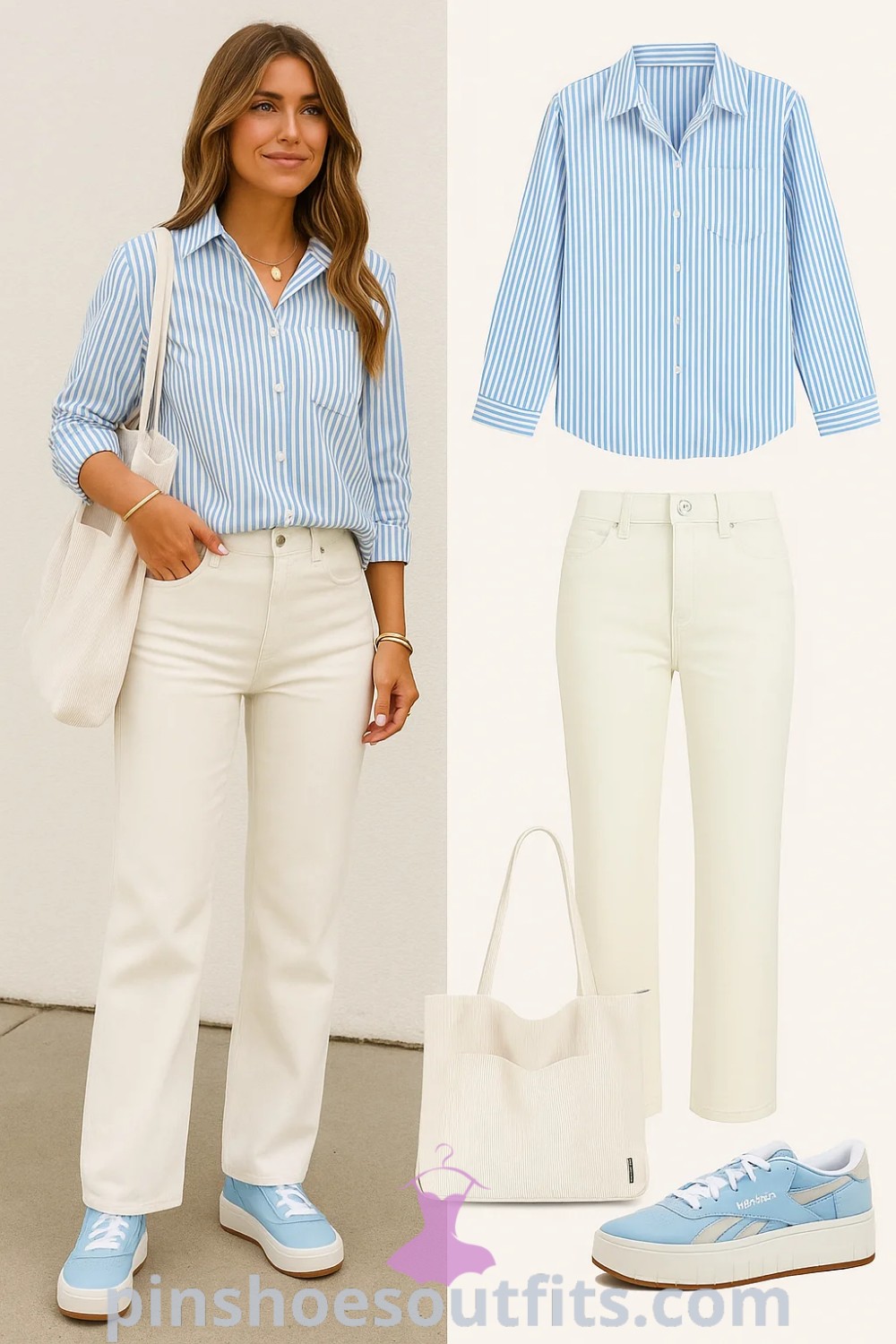 light blue striped shirt, off-white straight leg pants, light blue sneakers, off-white tote, chic Basic Casual outfit from pinshoesoutfits.com