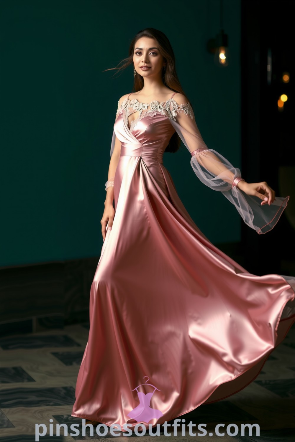 Elegant floor-length satin dress with lace detailing and a fitted waist, perfect for romantic dinners or chic evenings. A stylish outfit idea for every woman