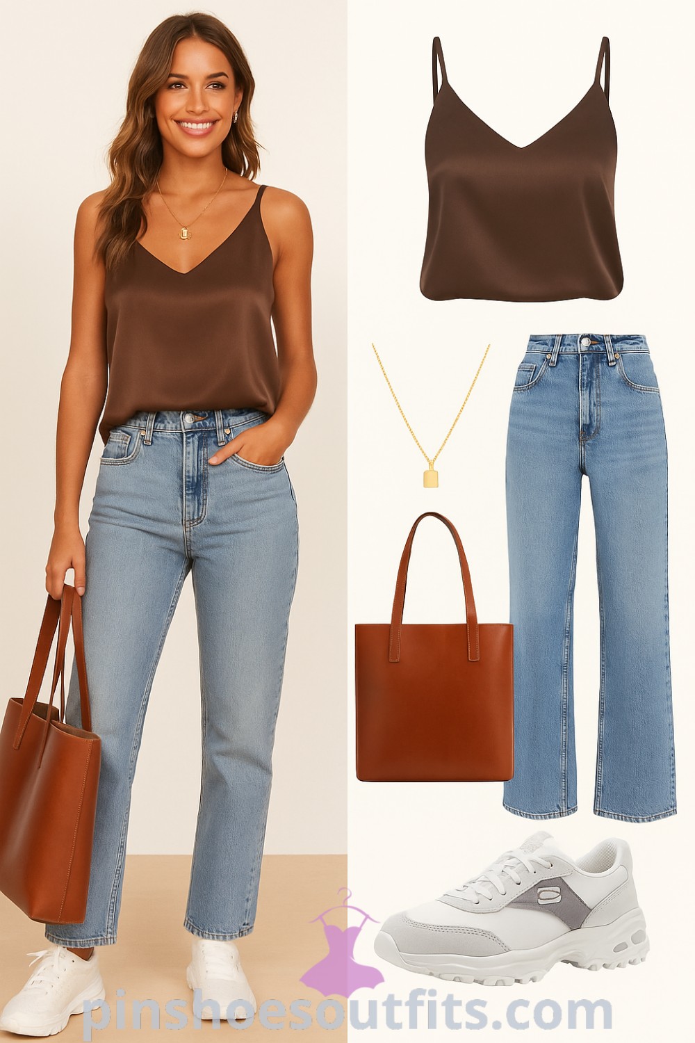 A casual outfit featuring a brown satin cami top, light blue high-waisted straight leg jeans, white chunky sneakers, and a brown tote bag, perfect for daily errands, brunch, or casual outings. Discover more at pinshoesoutfits.com.