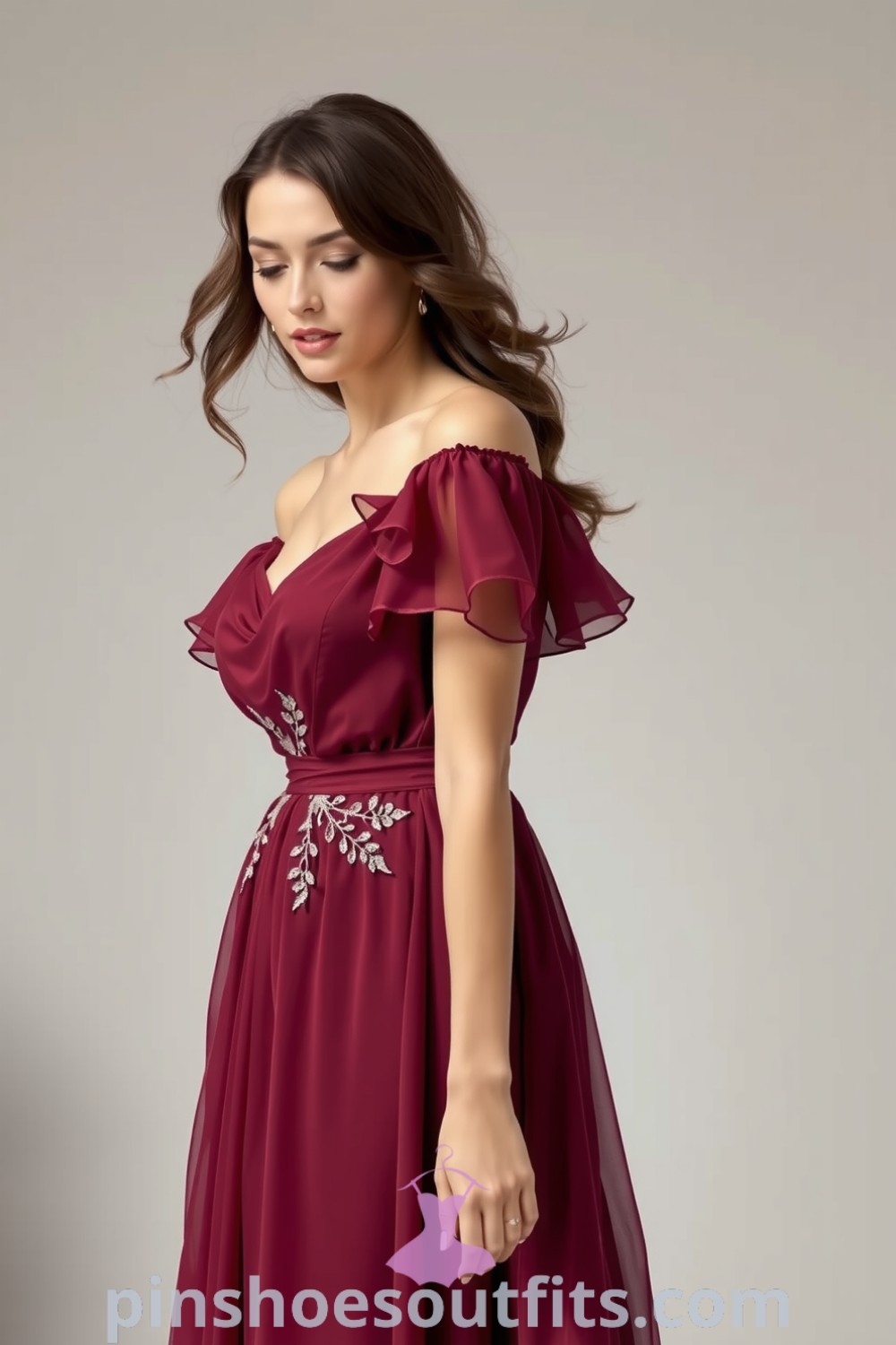 Elegant burgundy off-the-shoulder gown made of soft chiffon with lace appliqués, ideal for a romantic evening. A stylish choice every woman must try. pinshoesoutfits.com