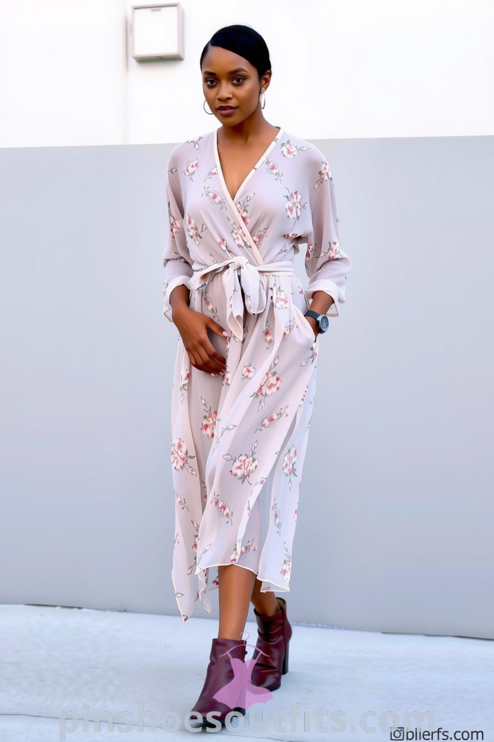 Chic floral wrap dress with a waist-tied design, lightweight chiffon fabric, and stylish leather ankle boots. Effortlessly elegant outfit ideas for women to inspire your look this season. pinshoesoutfits.com