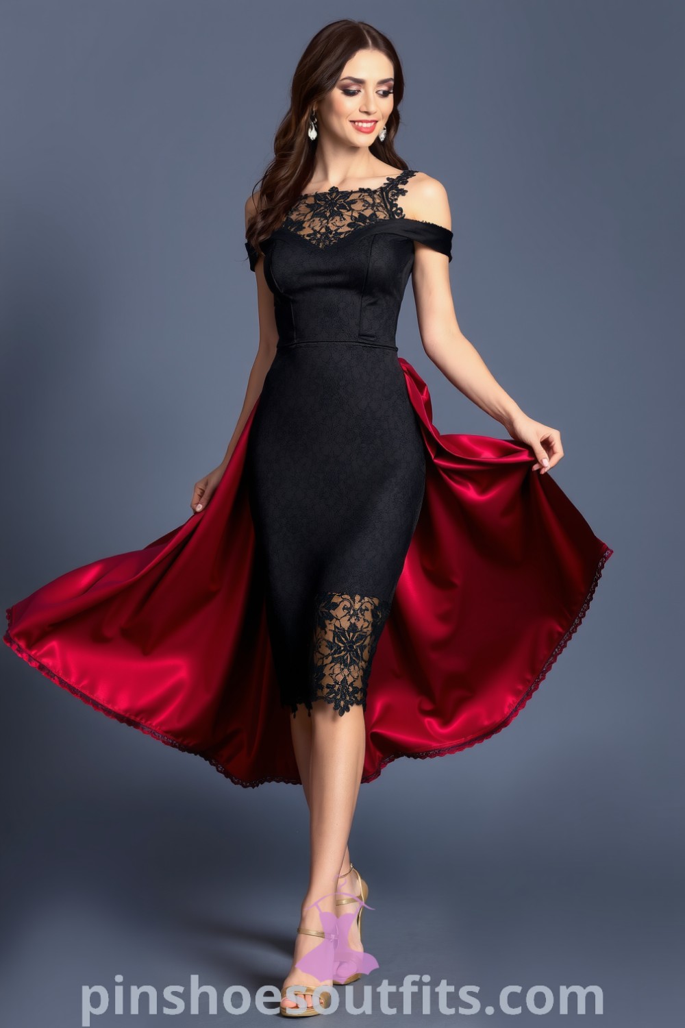 Deep red satin dress with lace trim and A-line silhouette, paired with strappy gold heels, perfect for elegant evening events. Explore stylish outfit ideas at pinshoesoutfits.com.
