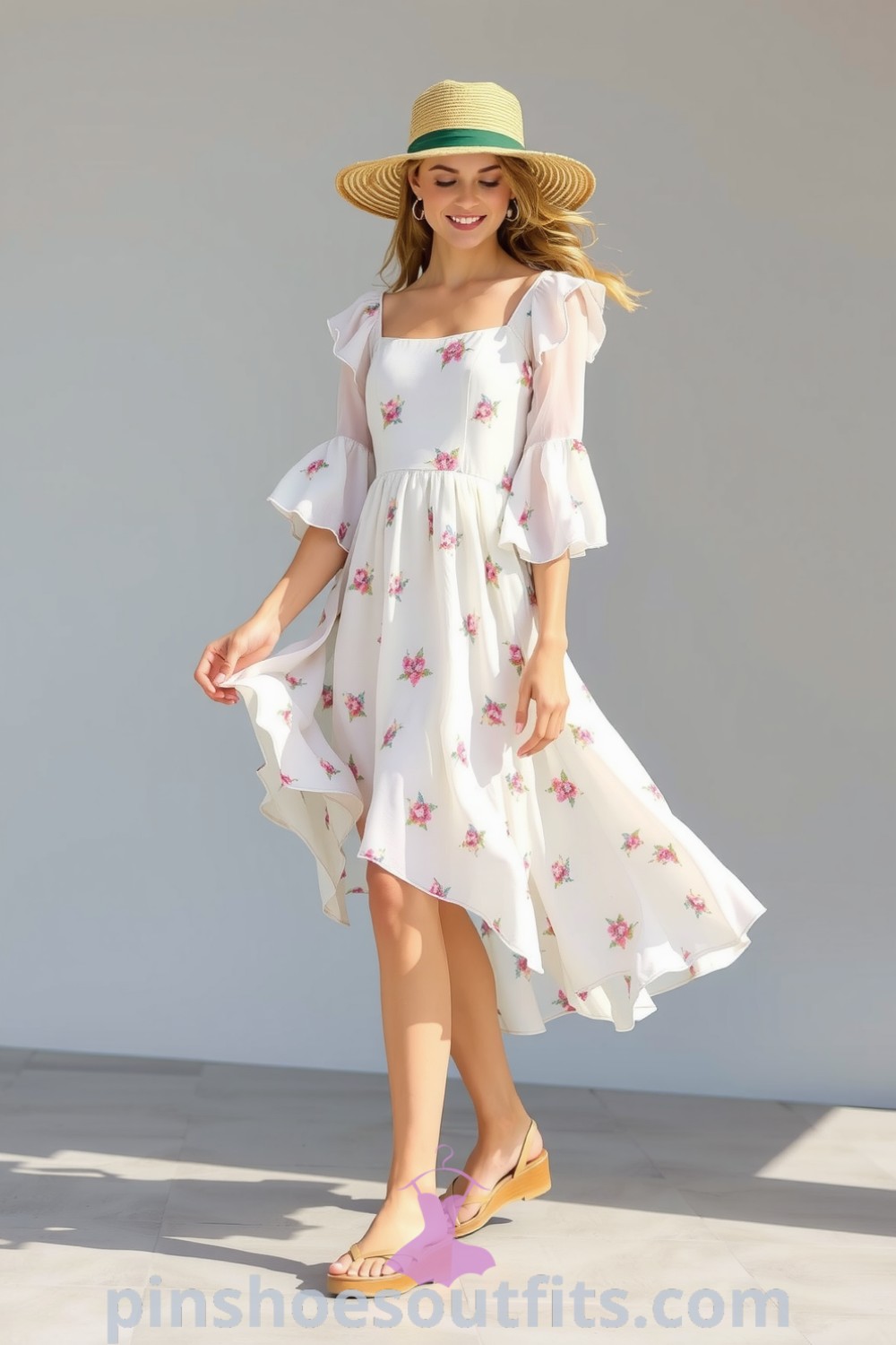 Charming floral midi dress made from soft chiffon with ruffles, perfect for summer gatherings. Outfit ideas to look chic and elegant. pinshoesoutfits.com
