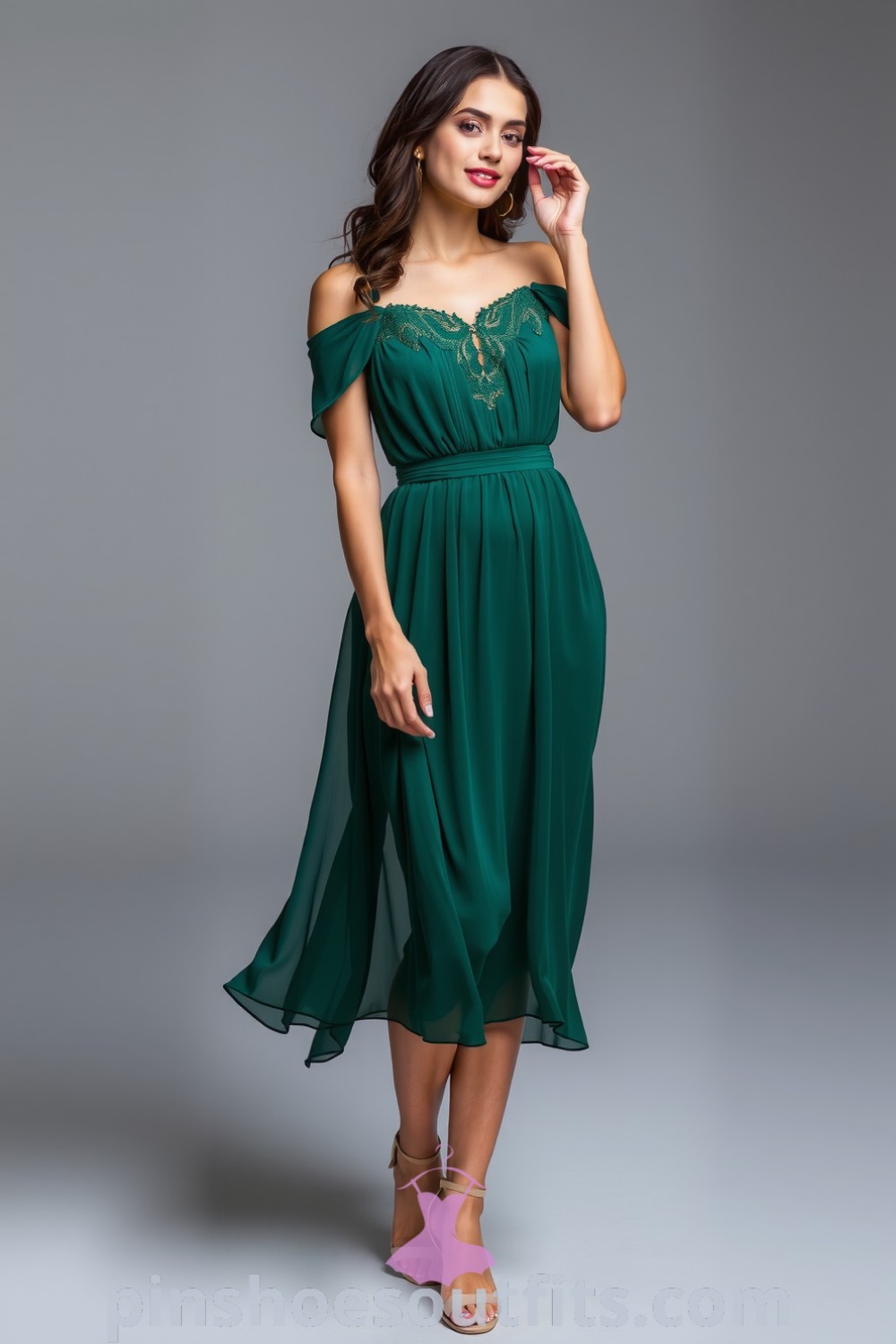 Elegant off-the-shoulder midi dress in deep emerald with lace detailing and a cinched waist, ideal for a romantic evening out. Outfits to inspire your look this season. pinshoesoutfits.com