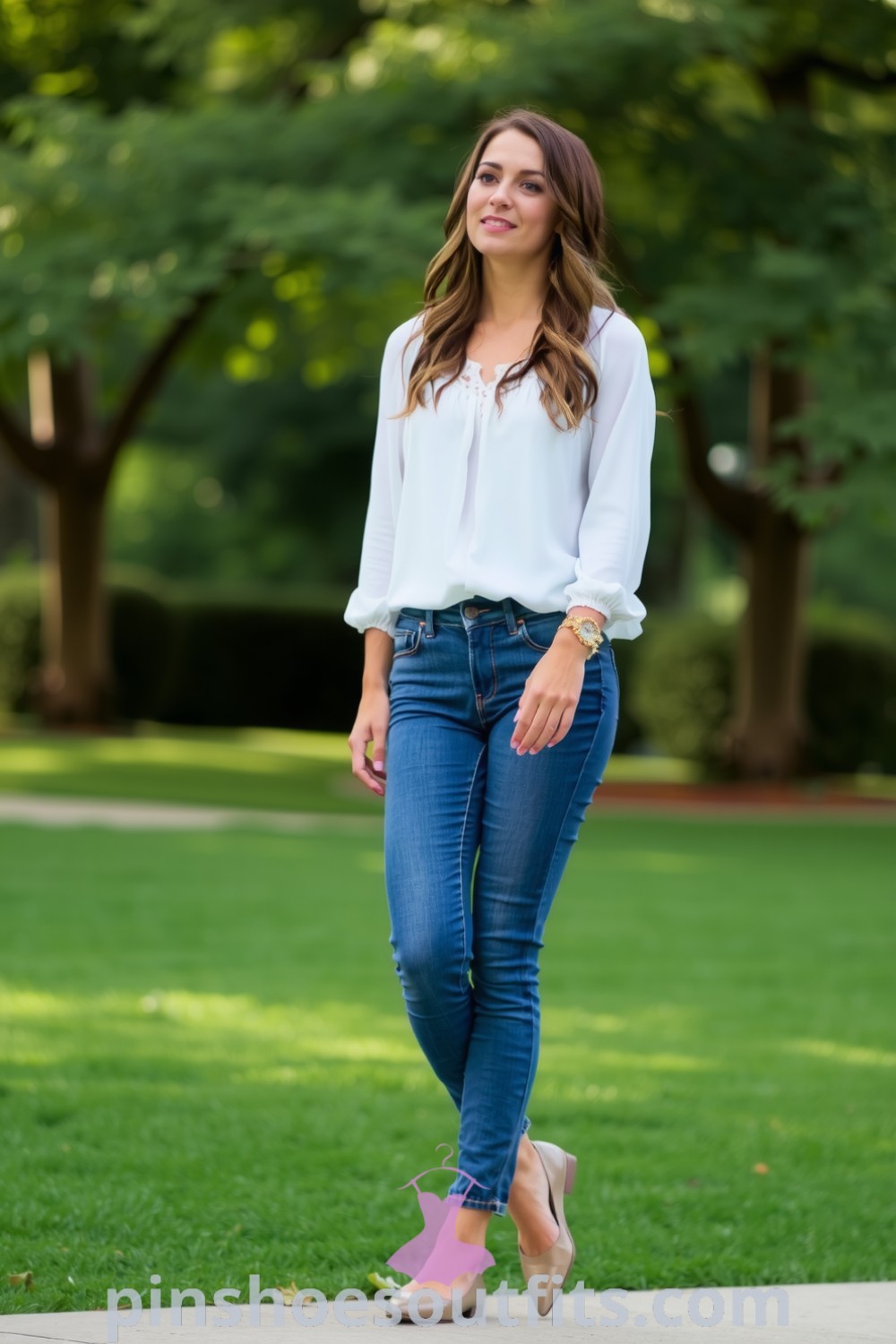 A woman showcases a chic casual outfit featuring a flowing blouse with lace trim, high-waisted jeans, and ballet flats, highlighting stylish ensemble ideas for everyday elegance. pinshoesoutfits.com