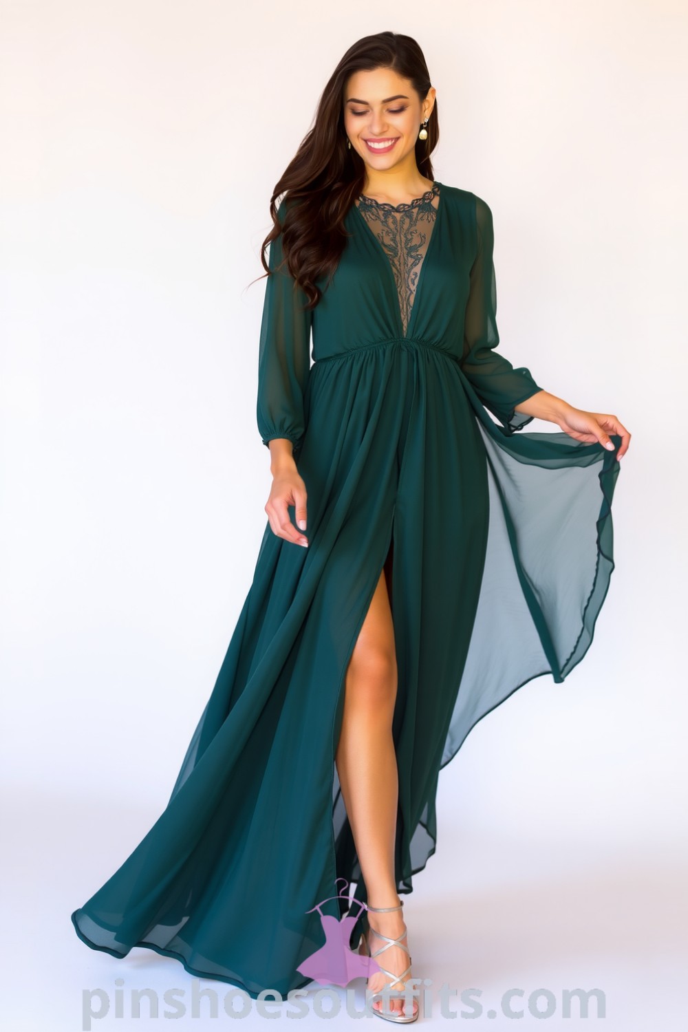 An elegant woman in a deep emerald chiffon maxi dress with lace detailing, wearing strappy metallic heels, creating a graceful silhouette perfect for date nights. pinshoesoutfits.com