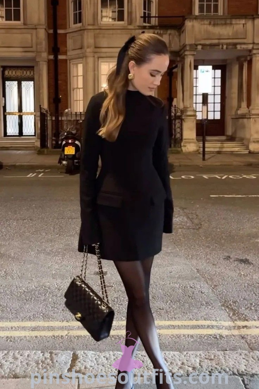 Stylish winter dress outfit featuring a midi dress and elegant winter heels, enhanced by Chanel stockings for a chic vintage aesthetic. Ideal for women seeking sophisticated outfit ideas to look chic and curated this season. More inspiring ideas at pinshoesoutfits.com.