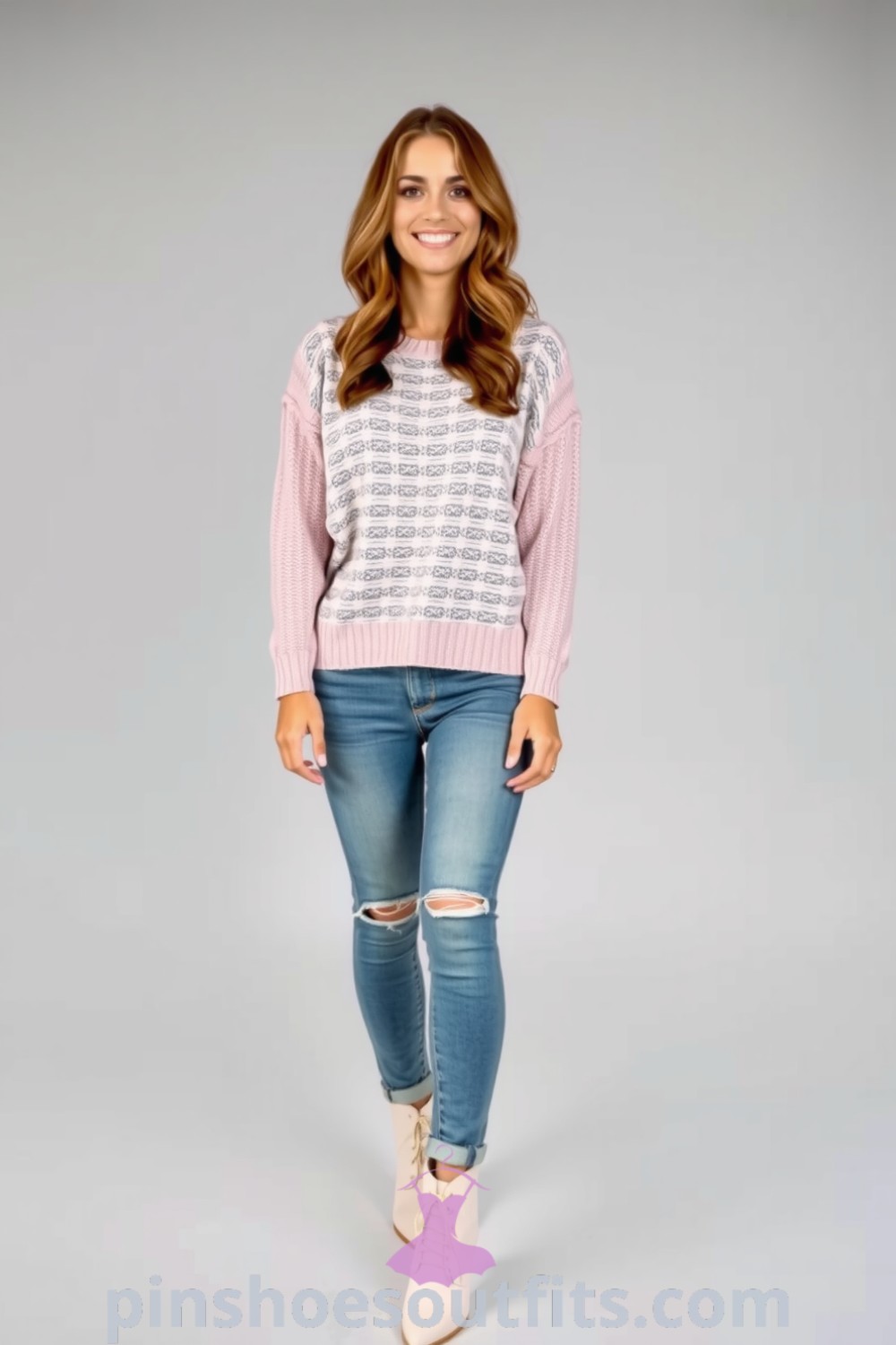 Casual outfit featuring an oversized knit sweater with distressed denim jeans and ankle boots, perfect for weekend outings. Explore stylish outfit ideas at pinshoesoutfits.com.