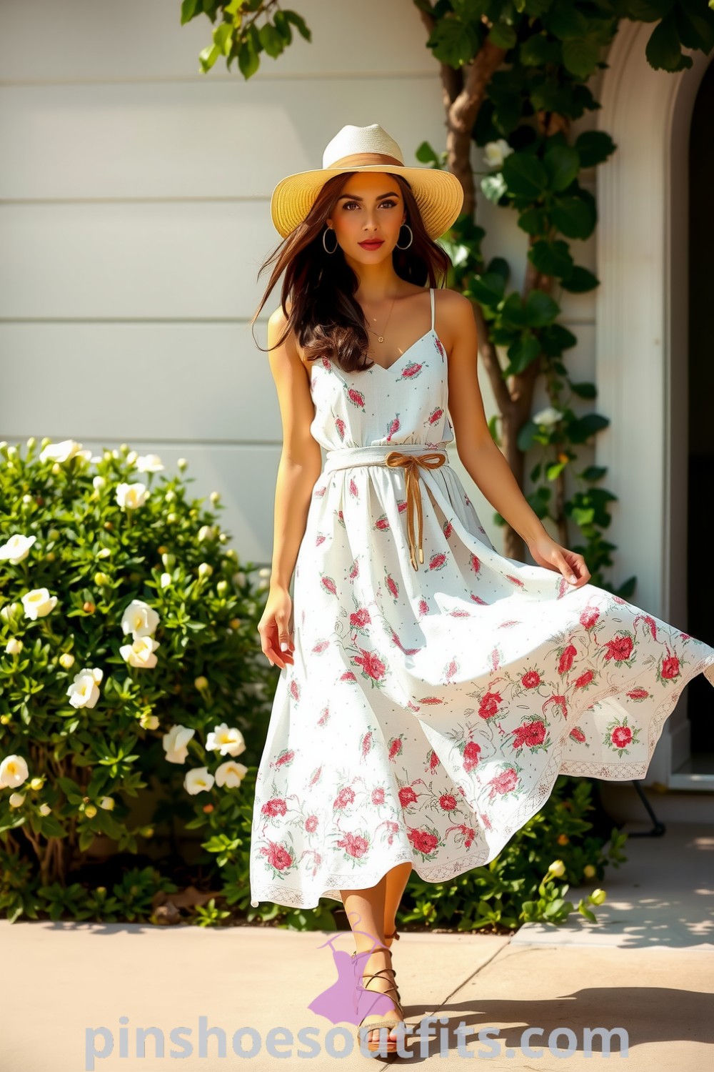 Chic summer linen sundress with a floral print, cinched waist, flowing skirt, strappy sandals, and wide-brimmed hat. Perfect for a casual outing, conveying relaxed sophistication. pinshoesoutfits.com