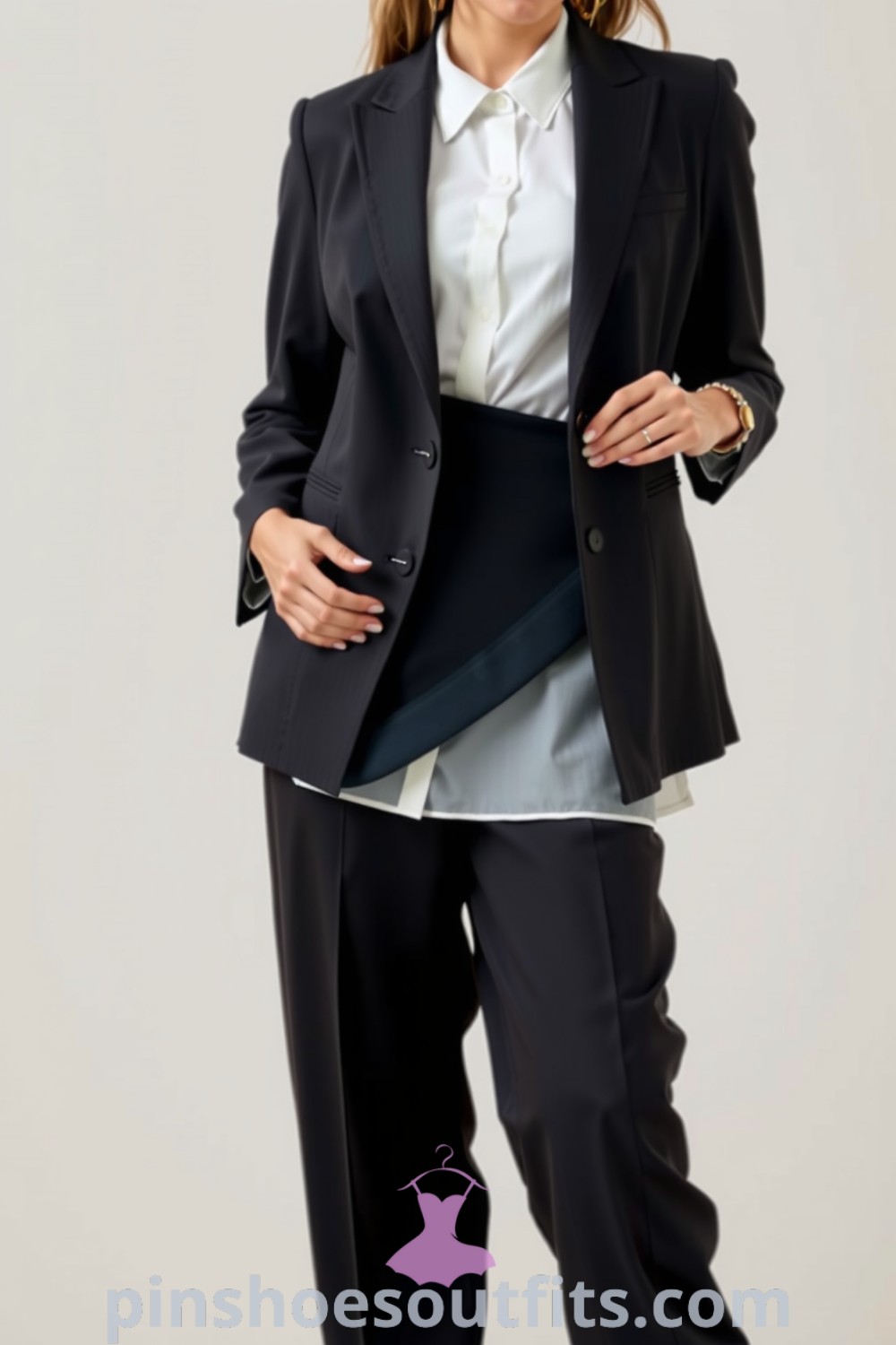 Polished workwear outfit featuring high-waisted tailored trousers, fitted white blouse, structured charcoal blazer, and block-heeled pumps. A refined and elegant look perfect for work. pinshoesoutfits.com