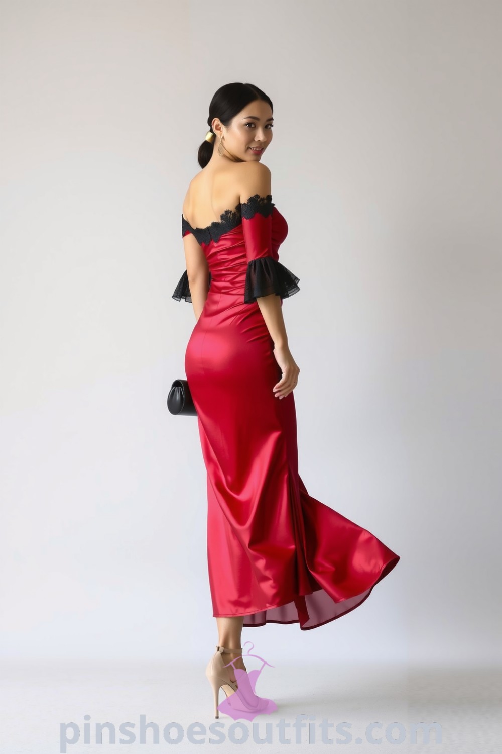 Elegant deep red satin midi dress with lace detailing, perfect for a stylish evening out. Discover outfit ideas to look classy and expensive at pinshoesoutfits.com.