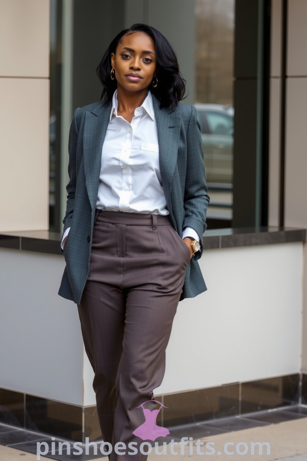 Chic workwear outfit featuring a confident black woman in tailored high-waisted trousers, a crisp white shirt, and a charcoal blazer. A stylish combination perfect for professional settings. pinshoesoutfits.com
