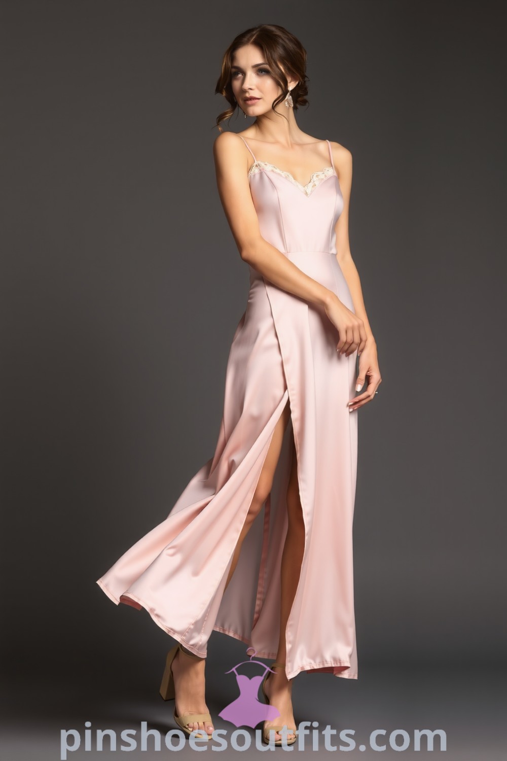 Elegant blush satin slip dress with lace trim and side slit, paired with strappy nude heels and a clutch. Perfectly embodies sophisticated style and romance. pinshoesoutfits.com