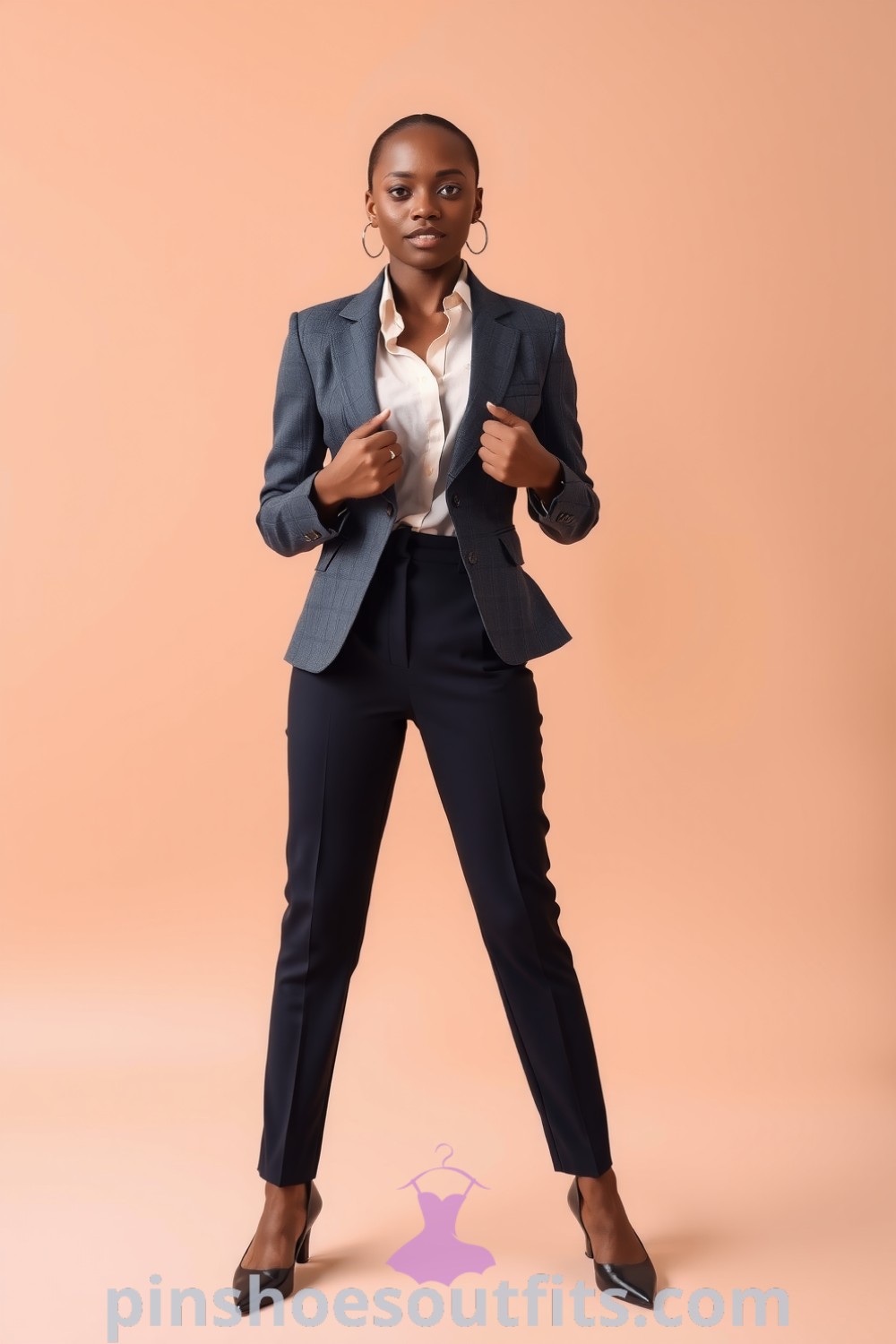 A Black woman showcases a sophisticated workwear ensemble with a tailored charcoal blazer, cream blouse, high-waisted black trousers, pointed-toe heels, and stud earrings. A chic look for corporate settings. pinshoesoutfits.com