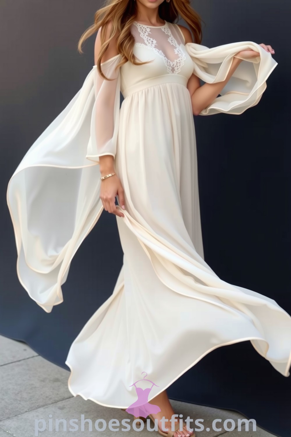 A woman in a flowing cream-colored chiffon dress embellished with lace details, paired with strappy nude heels and gold accessories. A representation of romantic elegance and sophistication. pinshoesoutfits.com