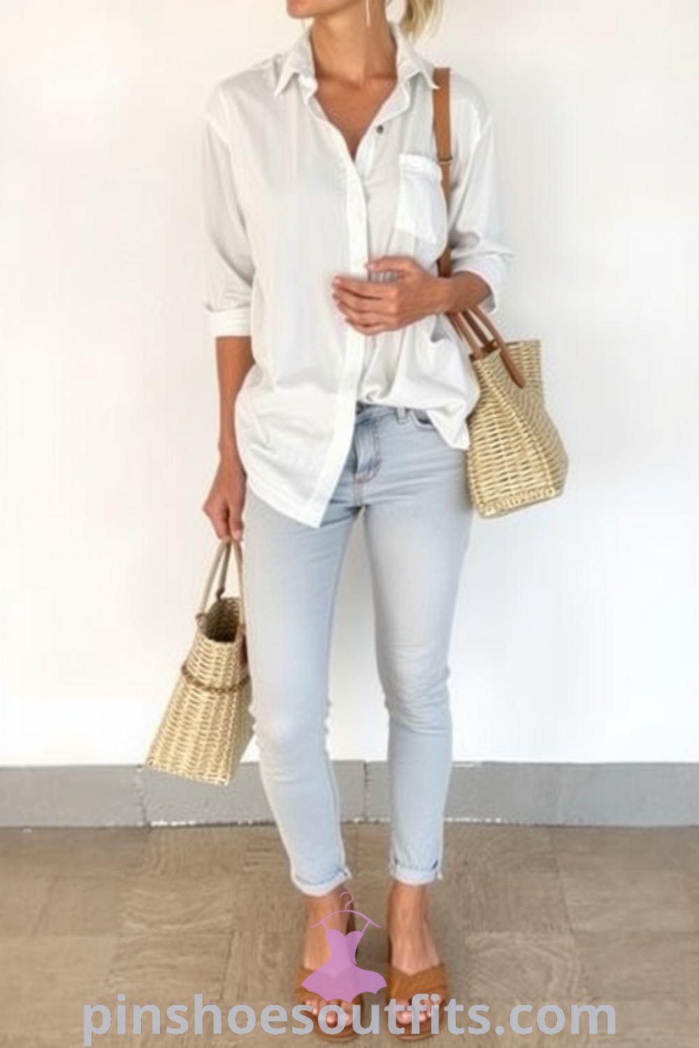 Casually chic summer outfit with a relaxed white linen shirt, light-washed denim jeans, simple leather sandals, and a woven tote for effortless elegance. pinshoesoutfits.com