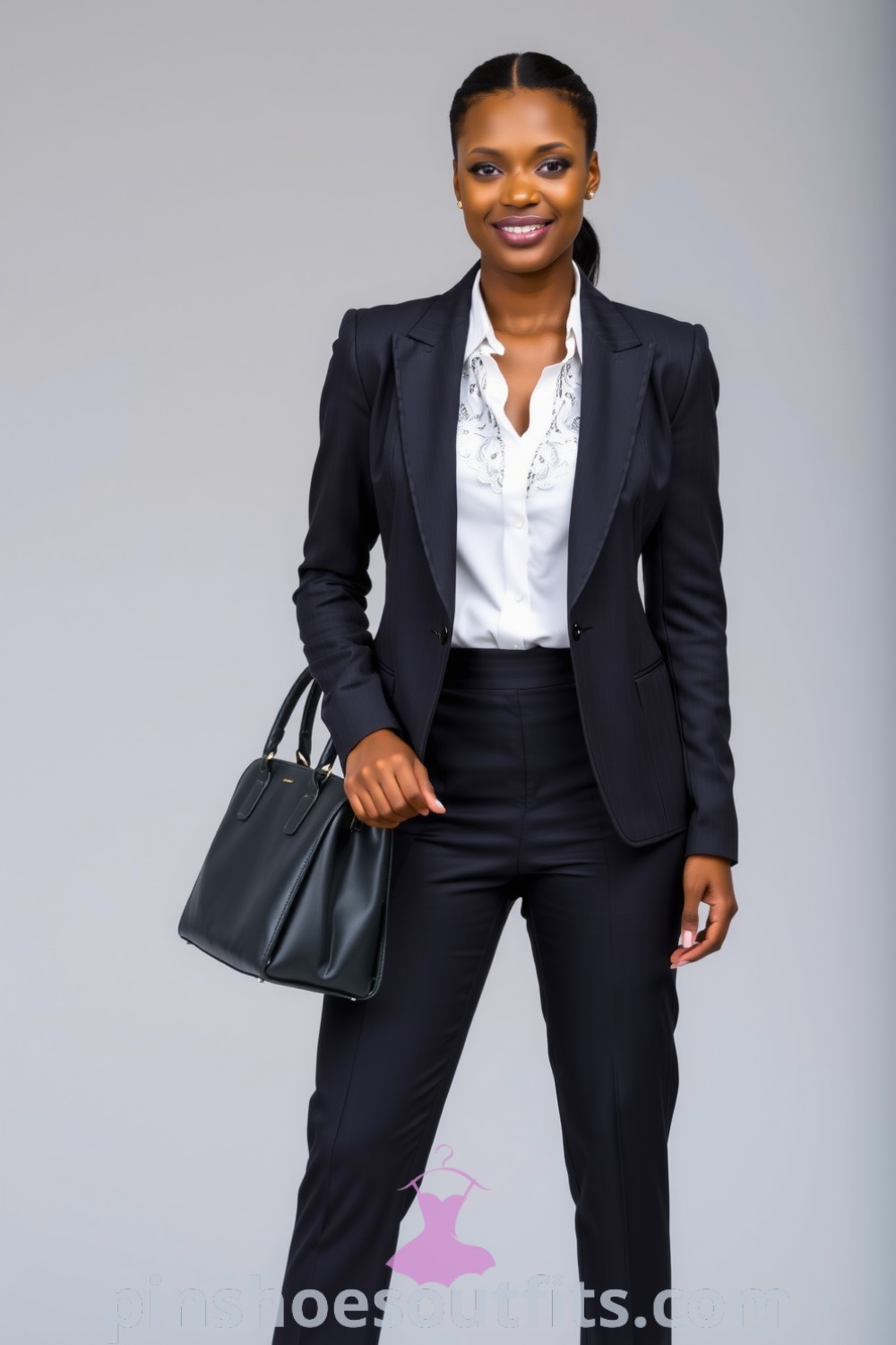 Black woman in a tailored charcoal blazer and trousers, wearing a crisp white blouse with lace detailing, complemented by pointed-toe heels and a structured handbag, showcasing contemporary workwear elegance. pinshoesoutfits.com